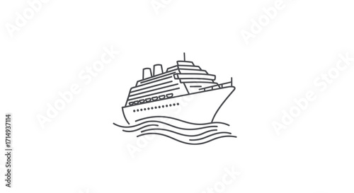 Line art illustration of a cruise ship on water featuring multiple decks and a prominent smokestack.