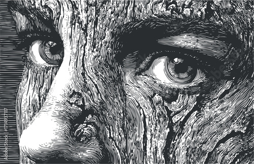 A detailed artistic illustration featuring a close-up of a person's eyes and textured face.