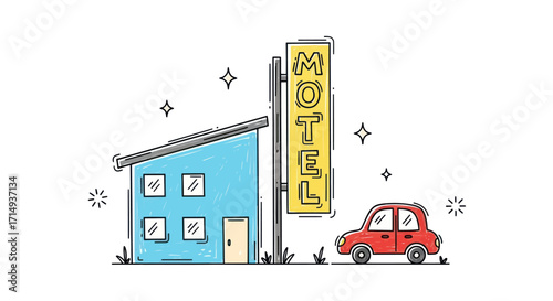 Cartoon Illustration of a Blue Motel with Red Car and Sign.