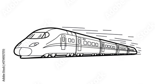 Dynamic black and white line art illustration of a modern high-speed bullet train in motion.