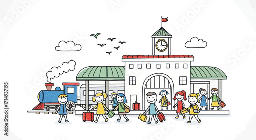 Cartoon doodle of a busy train station with passengers and a steam locomotive.