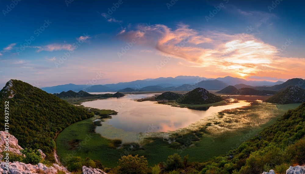 Obraz premium Majestic Skadar Lake Showcases Stunning Landscapes And Serene Waters Under A Vibrant Sky