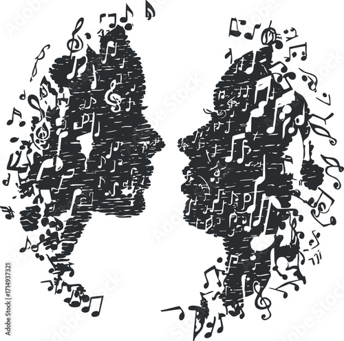 Two silhouettes filled with musical notes representing creativity and harmony in art.
