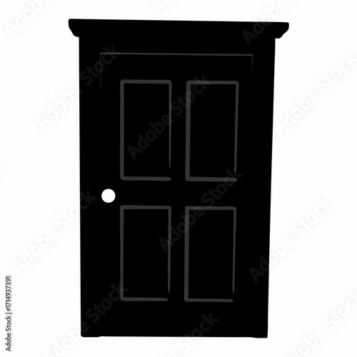 Silhouette of a dark wooden paneled door on a white background