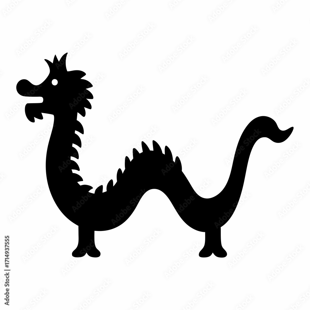 Naklejka premium Stylized Black Silhouette of a Cartoon Dragon on White Background Illustration