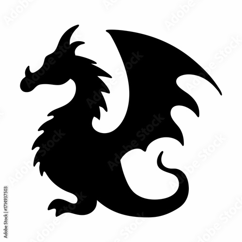 Silhouette of a powerful dragon with large wings and curled tail