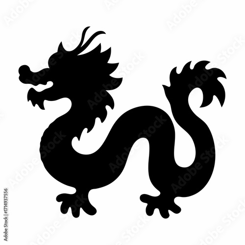 Chinese Dragon Silhouette Illustration in Black and White for Asian Designs