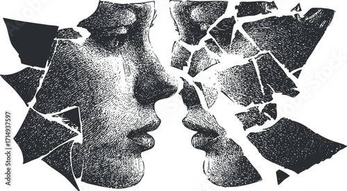 An artistic illustration of two fragmented faces reflecting emotions and identity in a surreal manner.