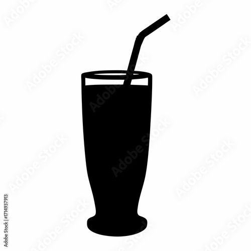 Black silhouette of a tall glass filled with dark beverage and straw
