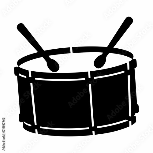 Black and White Image Depicting a Drum with Two Drumsticks, isolated