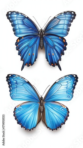 two blue morpho butterflies top and side views on clean white backdrop, delicate wings, natural science style, crisp detail, copyspace, concept of education biology decor