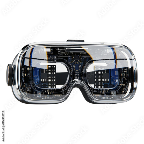 Transparent VR Headset: Futuristic Design, Circuit Board Detail, Sleek Chrome Accents, Technology Concept.