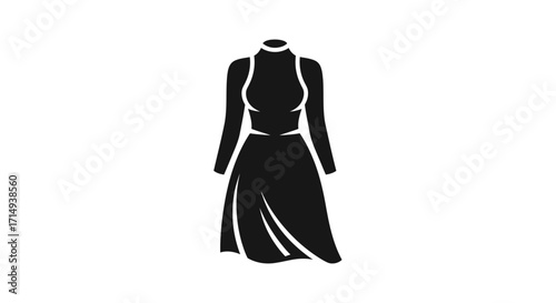 Elegant black silhouette of a long-sleeved dress with a high neckline.