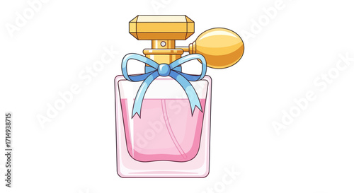 Cute pink perfume bottle illustration with a blue ribbon and gold atomizer pump.