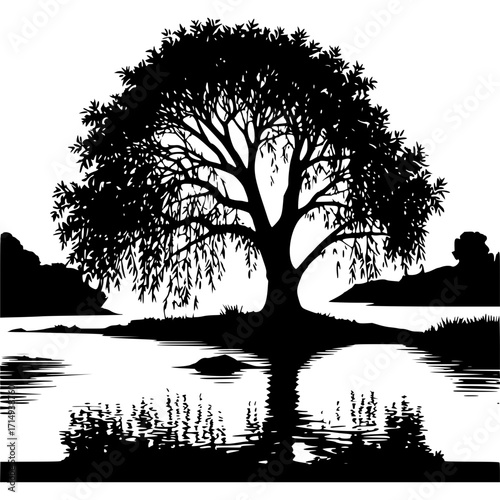 Willow tree silhouette vector landscape river reflection peaceful scene