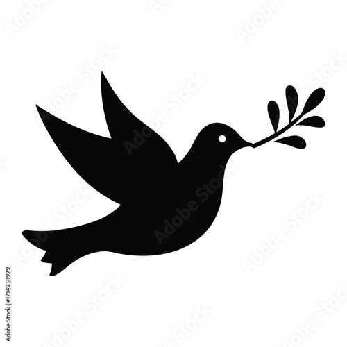Black silhouette of a dove carrying an olive branch, symbol of peace