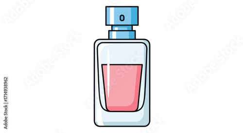 Elegant Glass Perfume Bottle with Pink Liquid and Blue Cap.