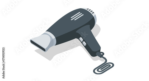 Isometric illustration of a modern black hairdryer with a cord.