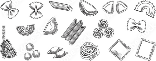 Hand-drawn set of Italian pasta variety, including macaroni, farfalle, and ravioli in a vintage sketch engraving style.