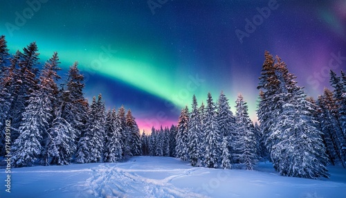 Breathtaking Snowy Scenery Illuminated By Colorful Northern Lights Over Icy Pine Woods At Nightfall Artistic Take On A Festive Winter Scene