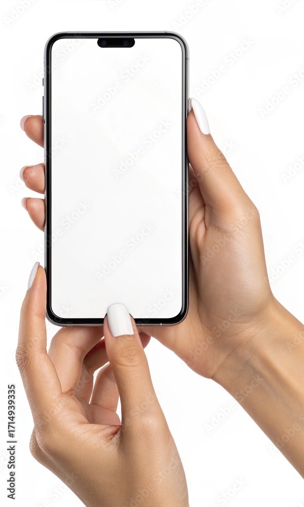 Manicured Hands Holding Smartphone with Blank Screen, Mockup Stock Photo