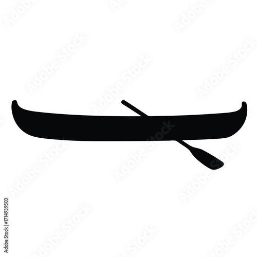 A black silhouette of a canoe with a paddle on white