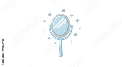 A cute sparkling blue oval hand mirror cartoon illustration.