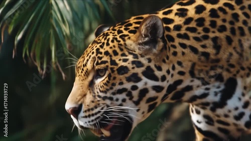 An snarling jaguar displays sharp teeth in the lush jungle, a predator closeup