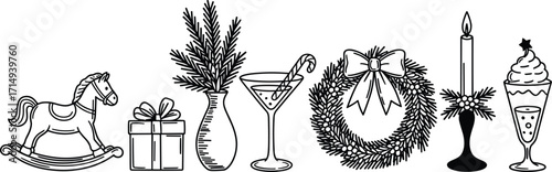 Christmas holiday decoration icons, rocking horse, gift box, pine branches, cocktail glass, wreath, candle, festive dessert