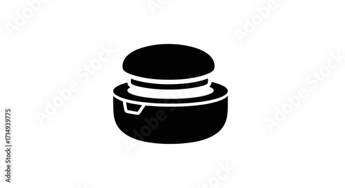A simple black glyph icon of a hamburger sitting inside an open takeout container.