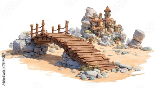 Wooden bridge to cliffside village illustration