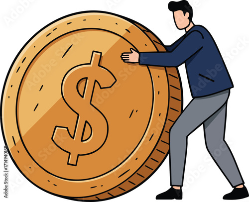 Man pushing large gold coin with dollar symbol representing financial growth and wealth concept vector illustration 