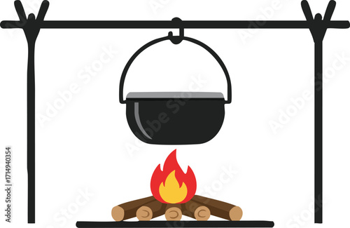Outdoor campfire cooking pot hanging over firewood fire vector illustration design 
