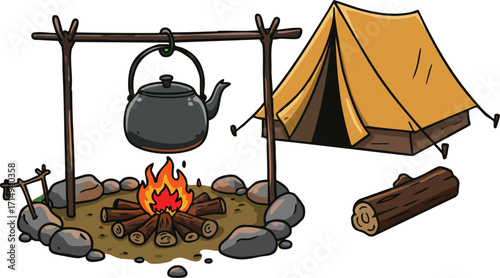 Camping scene with orange tent and kettle over campfire in natural outdoor setting vector illustration 