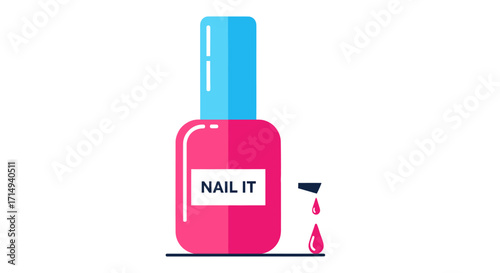Pink Nail Polish Bottle with Blue Cap and Dripping Polish.
