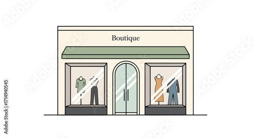 A charming illustration of a boutique storefront with a green awning and window displays.
