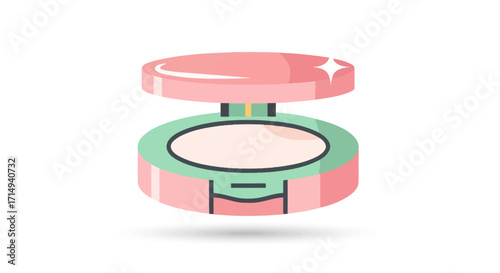 A cute cartoon illustration of an open pink and mint green makeup powder compact.