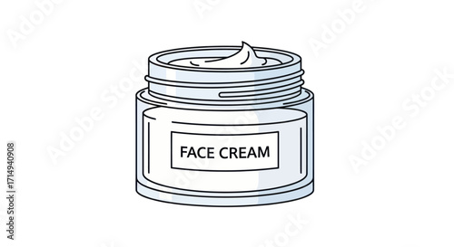 Simple line art illustration of an open glass jar of cosmetic face cream.