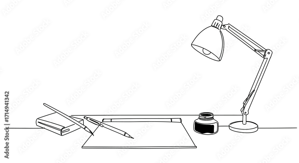 Fototapeta premium Minimalist workspace with lamp, notebook, and ink well in line style