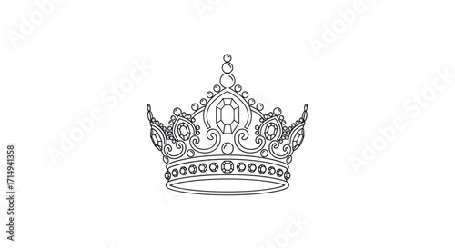 Ornate Royal Crown Line Art Drawing with Jewels.
