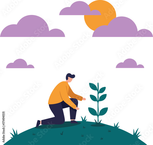 Man Planting Young Tree in Green Field with Purple Clouds and Orange Sun Vector Illustration 