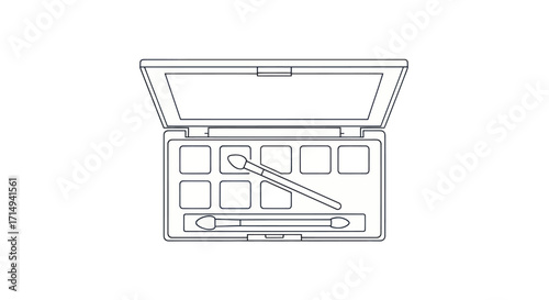Open makeup palette with multiple eyeshadow compartments and applicators.