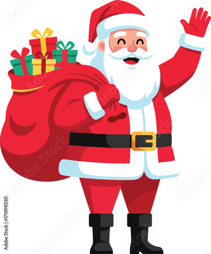 A cheerful Santa Claus waving and smiling while carrying a big red sack filled with Christmas presents and gifts, ready to deliver them to all the good boys and girls.