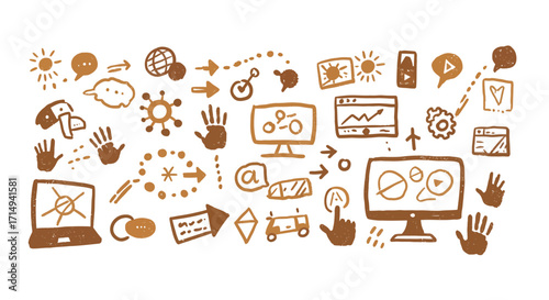 Hand drawn doodle icons for digital media and communication concepts