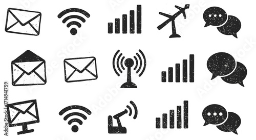 Grunge style communication icons set with email, wifi, antenna, and chat symbols