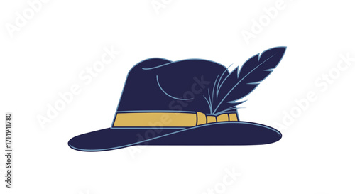 Dark Blue Fedora Hat with Yellow Band and Feather Accent.