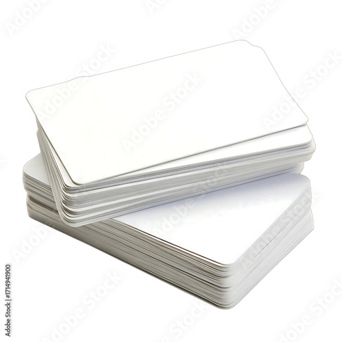 Stack of blank white business cards with rounded corners isolated on transparent background