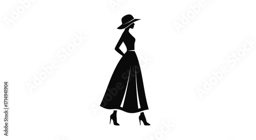 Elegant Silhouette of a Woman in Fashionable Dress and Hat.