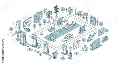 Isometric electric vehicle charging station and smart city concept