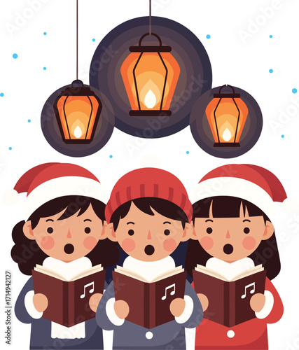 A group of three children in winter hats and scarves caroling outdoors under glowing lanterns, singing from their songbooks to spread holiday cheer and festive spirit.